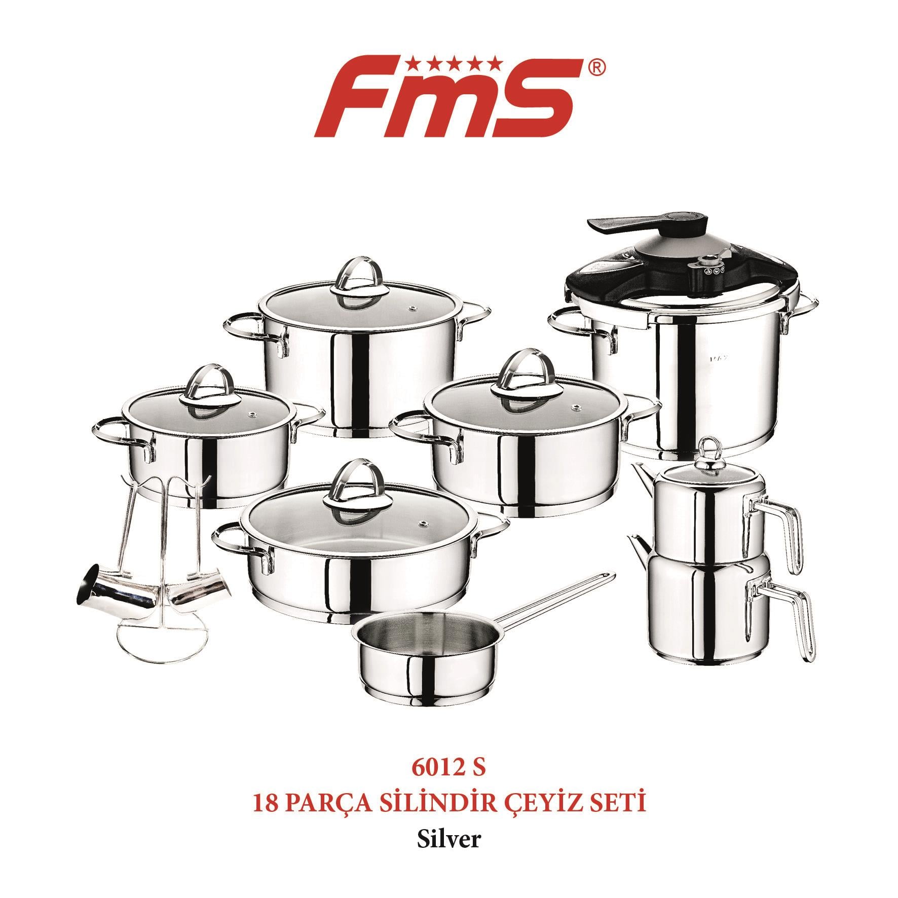 FMS Silindir 18 Parça Çeyiz Seti – 304 Paslanmaz Çelik Tencere Seti
