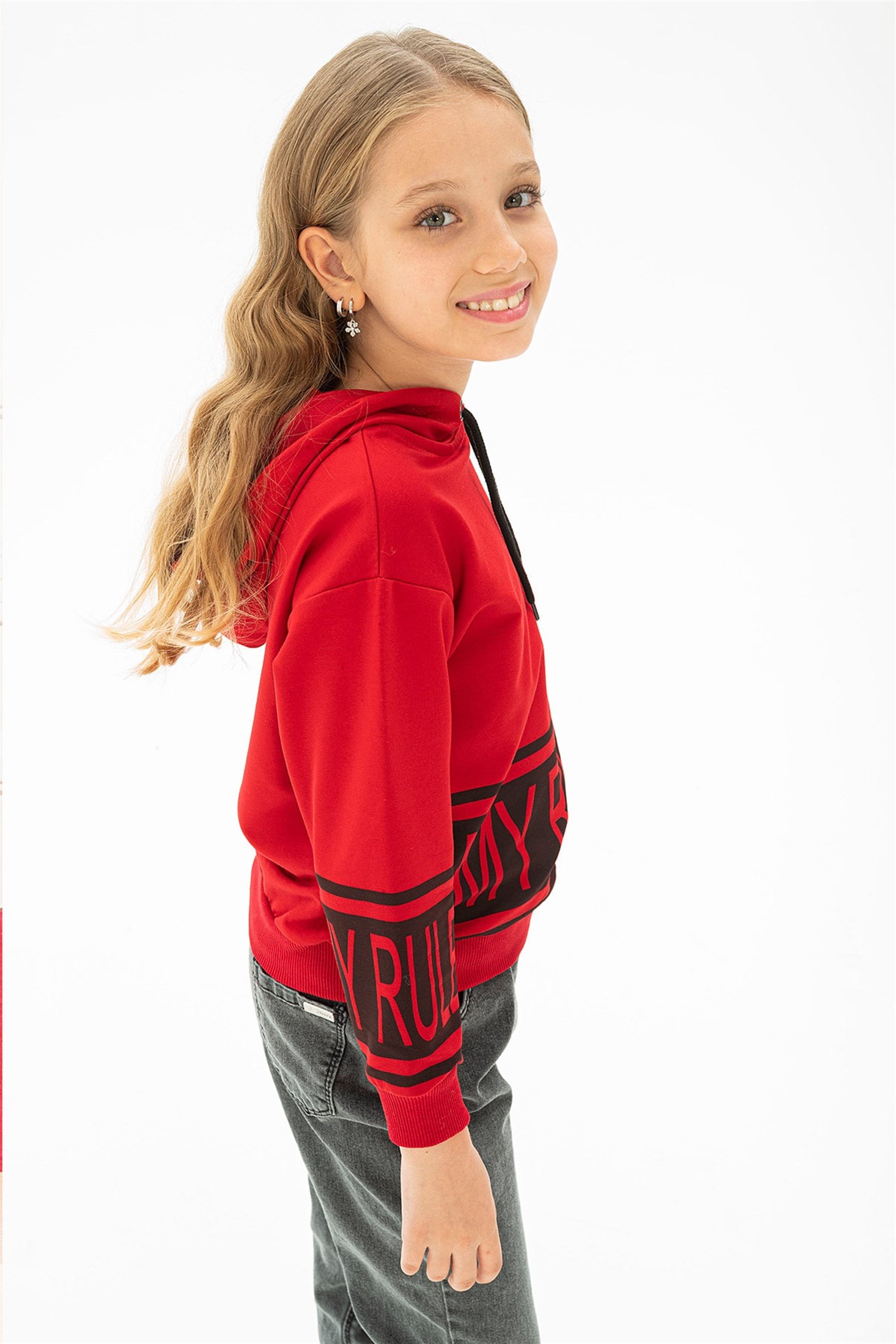 Kız Çocuk Kırmızı Renkli My Rules Baskılı Kapüşonlu Sweatshirt | Acar