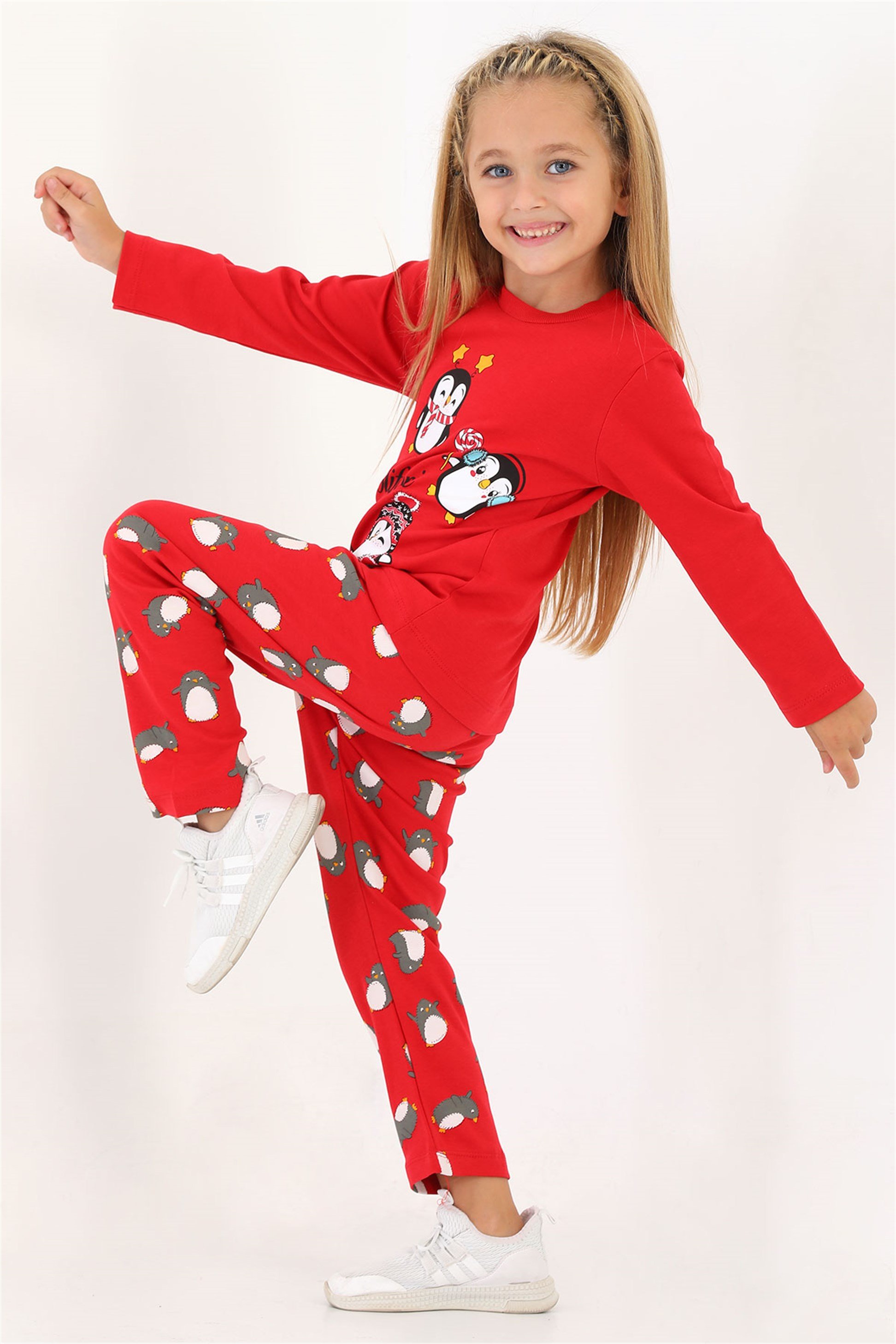 Kız Çocuk Bordo Renkli Penguen Baskılı Uzun Kollu Pijama Takımı | Acar
