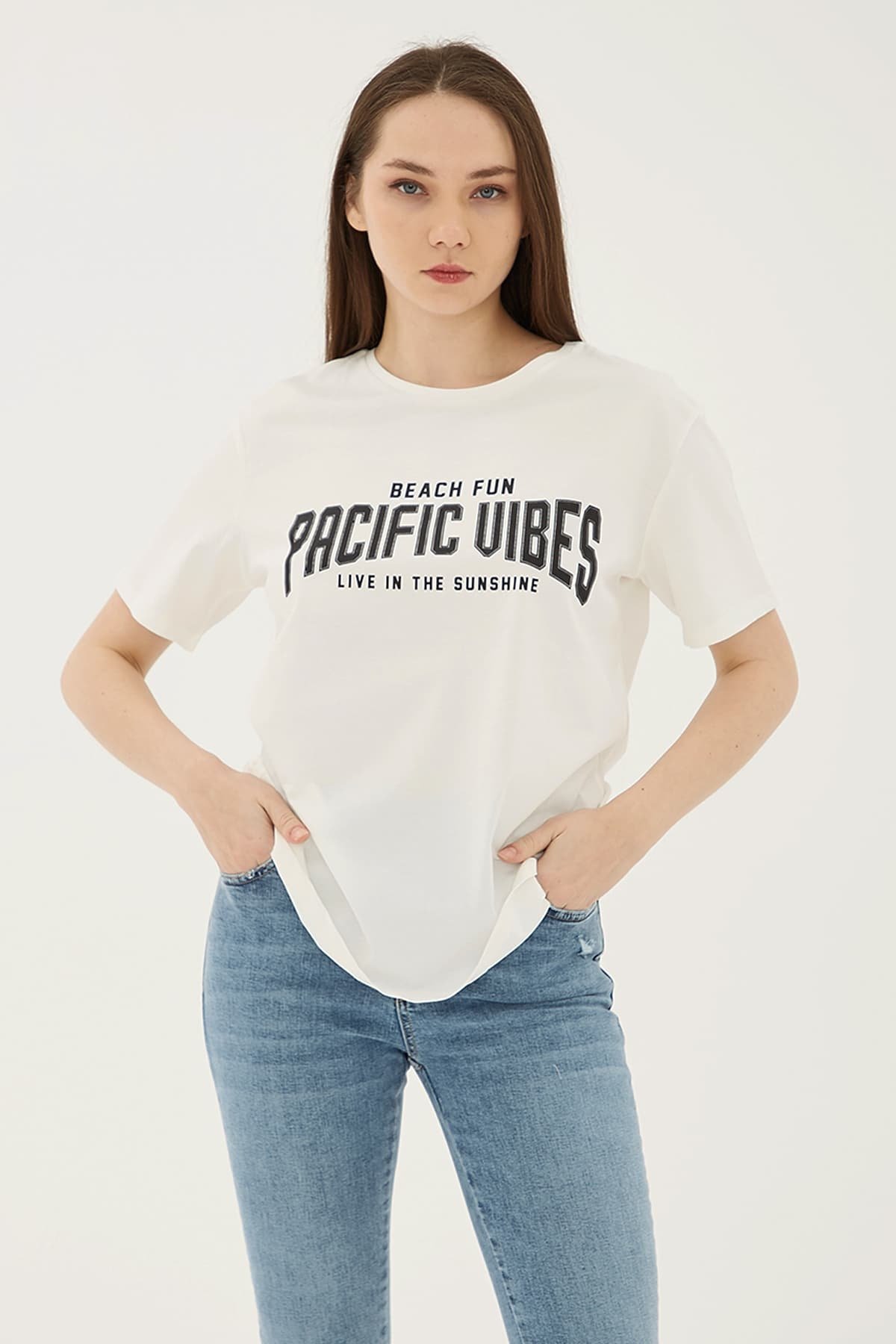 Baskılı T-Shirt Ekru / Ecru Kadın T-Shirt | Fashion Friends