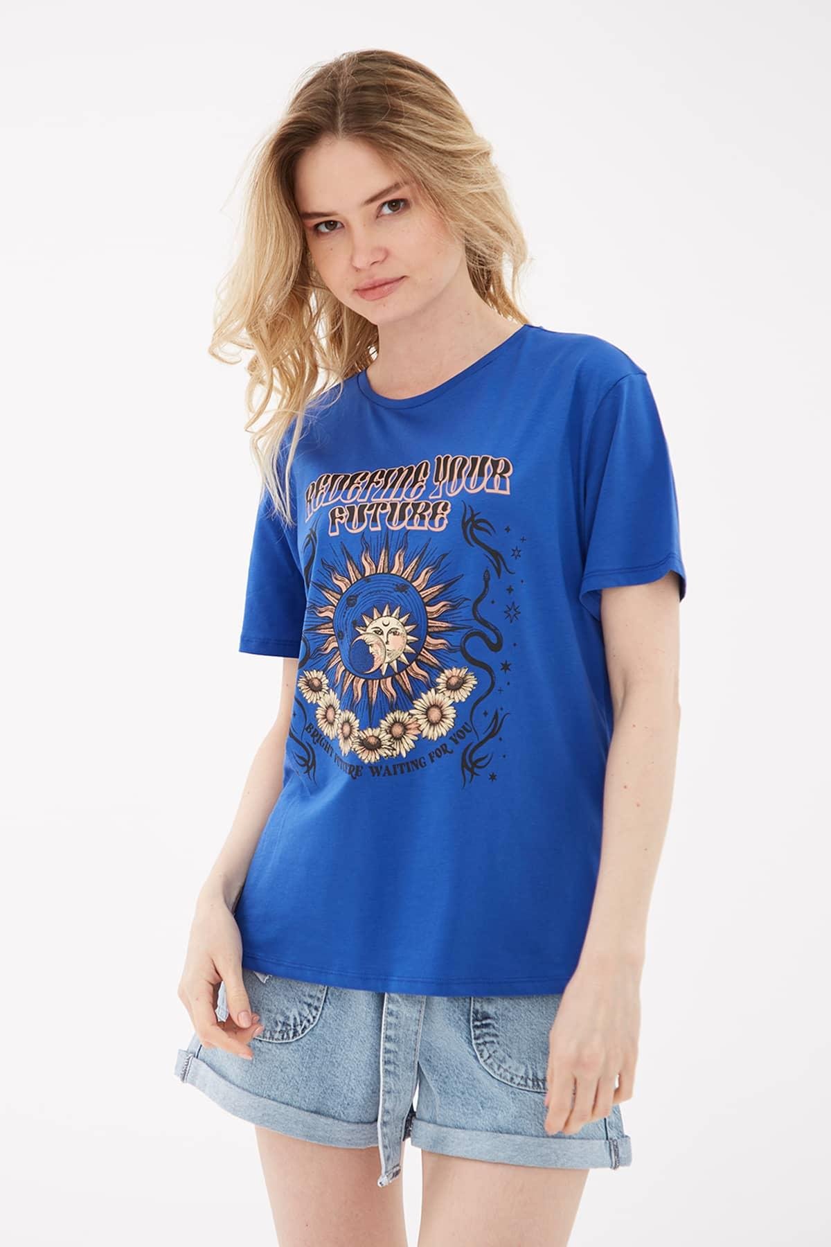 Baskılı T-Shirt Mavi / Blue Kadın T-Shirt | Fashion Friends