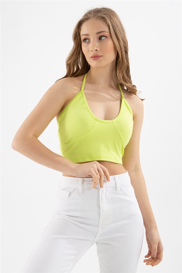 Büzgülü Crop Bluz Neon Yeşil Kadın Bluz | Fashion Friends