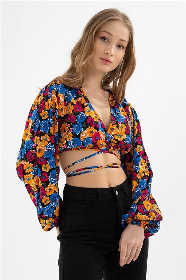 Çiçek Desenli Crop Bluz Kadın Bluz | Fashion Friends