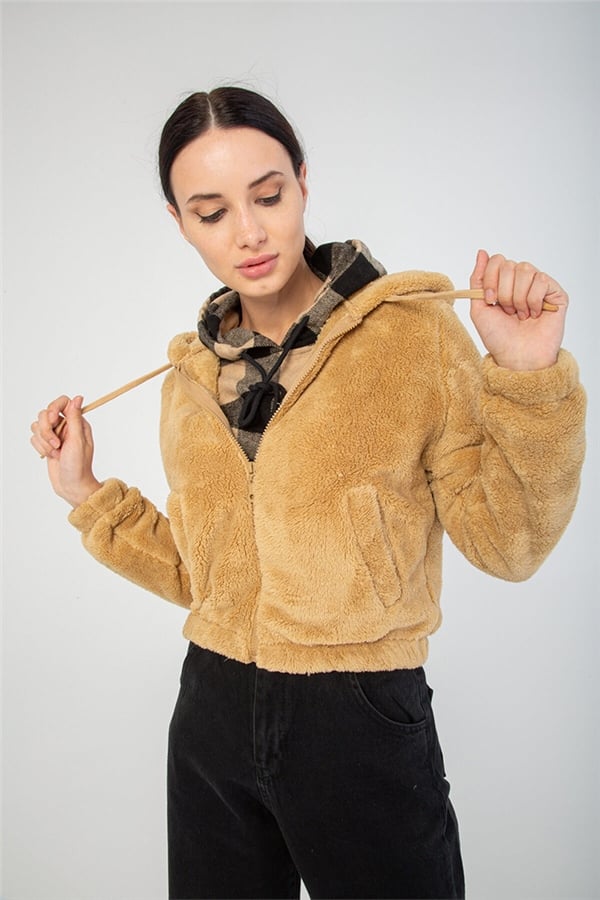 Fermuarlı Crop Peluş Sweatshirt Vizon Kadın Sweatshirt | Fashion Friends