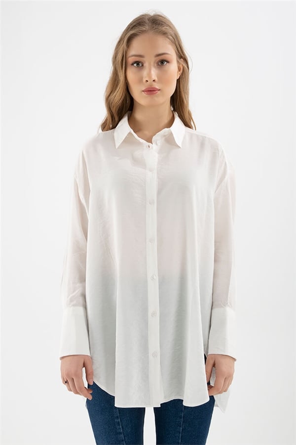 Geniş Manşetli Gömlek Beyaz Kadın Gömlek | Fashion Friends