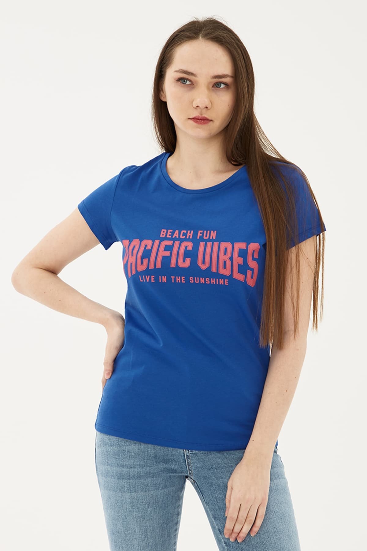 Oversize Baskılı T-Shirt Mavi / Blue Kadın T-Shirt | Fashion Friends