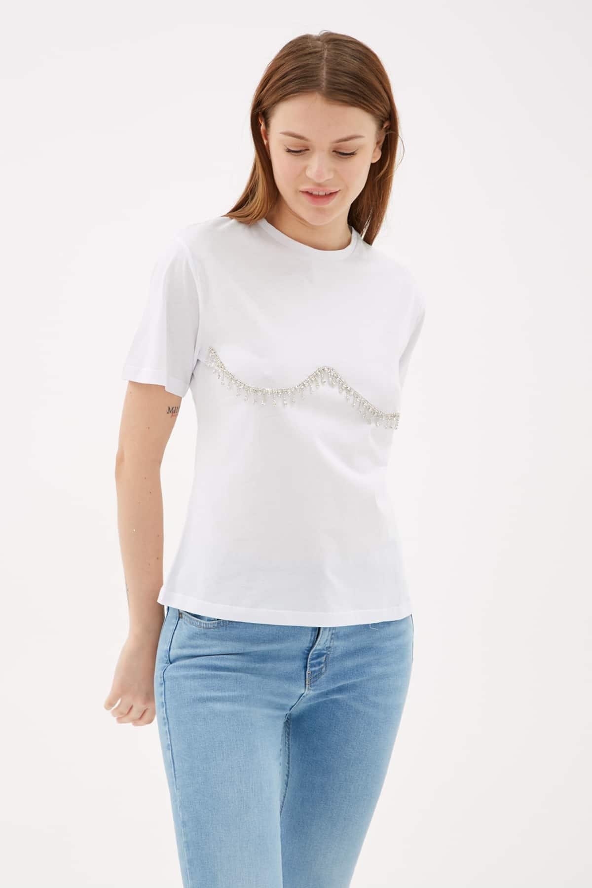 Taş Detaylı T-Shirt Beyaz Kadın T-Shirt |Fashion Friends