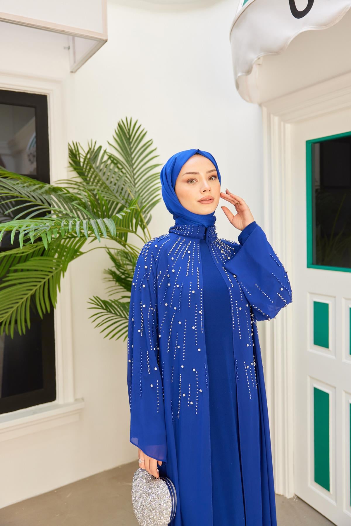 Prenses Taşlı İçlikli Abaya - Saks Mavi | Hülya Keser