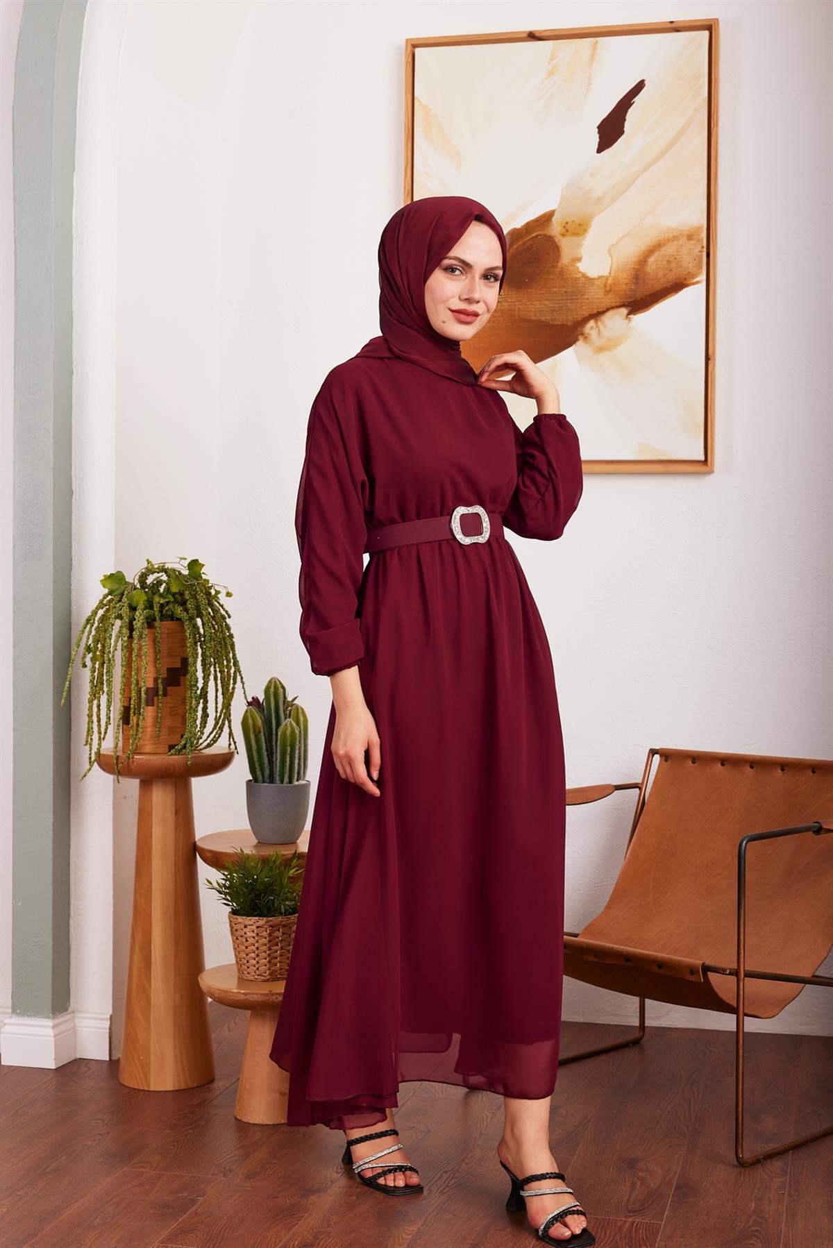 Chiffon Belted Dress - Claret Red | Hülya Keser