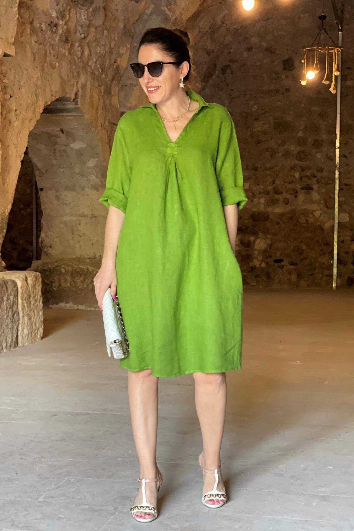 Yeşil İthal Keten Oversize Elbise