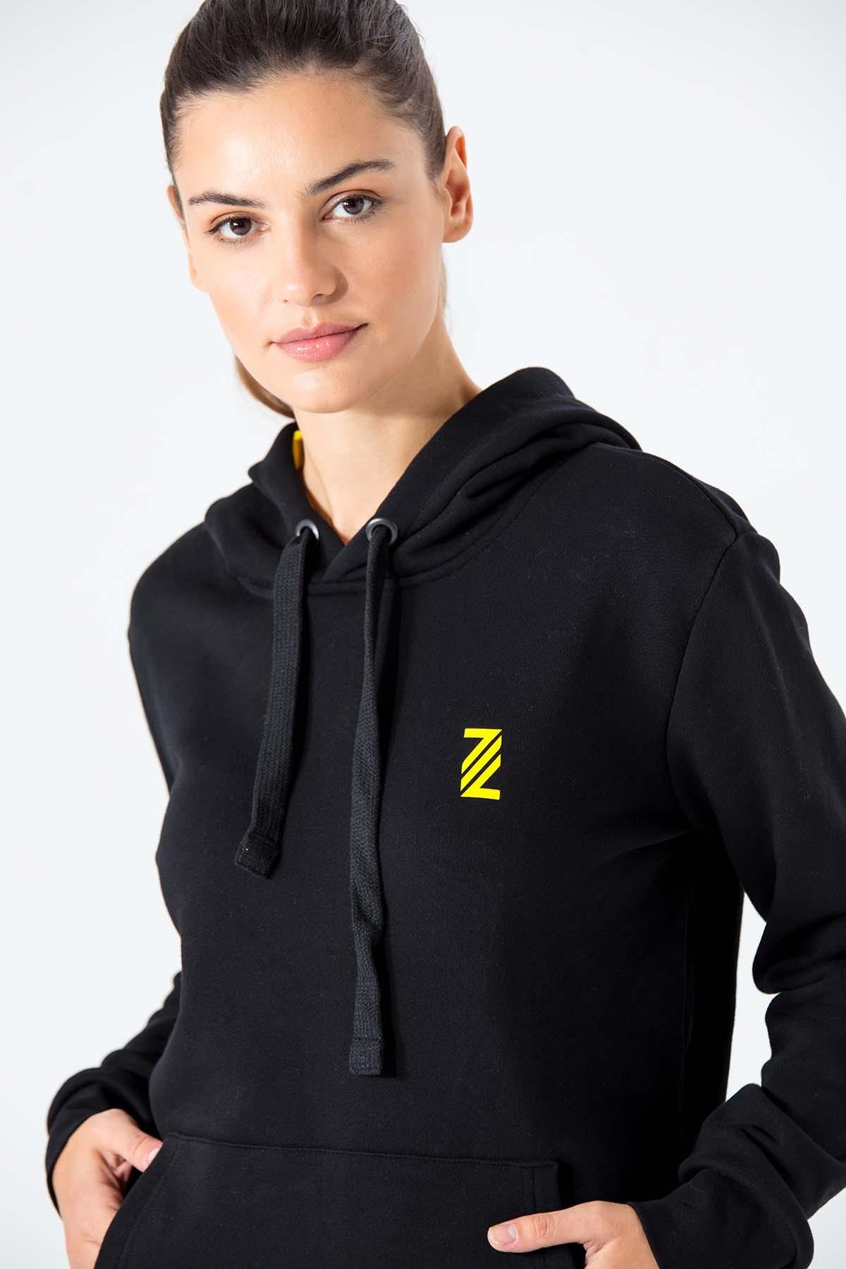 P-002995-Kadın Kapüşonlu Sweatshirt Diagonal Uzun Kollu Rahat Kesim 3 İplik  Spor Pamuklu Sweatshirt-SİYAH