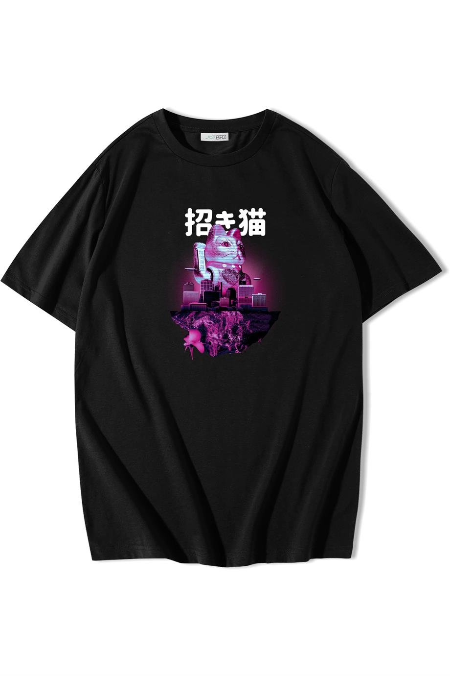 BRZ Collection Oversize Neon Maneki Neko Şans Kedisi T-shirt