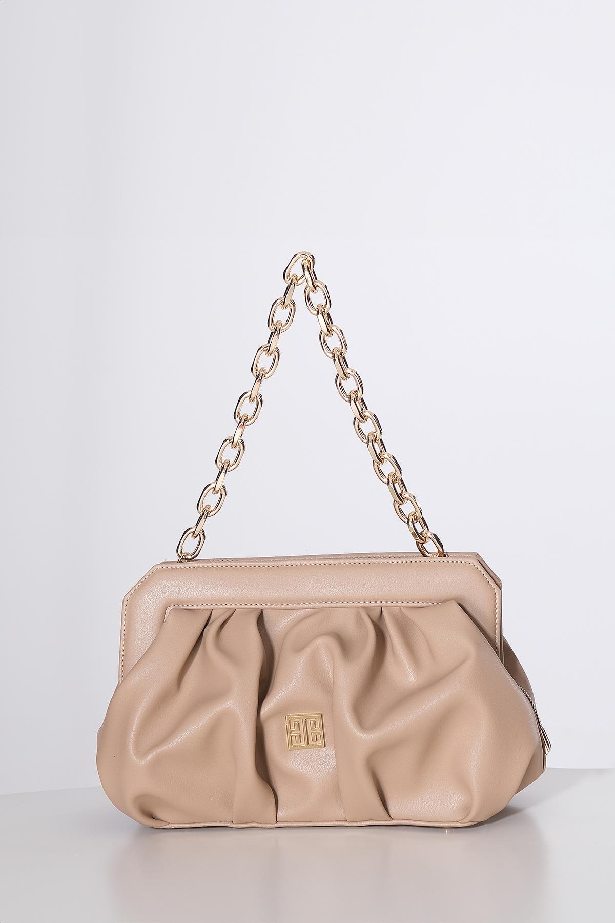 Vegan Deri Büzgülü Gold Zincir Saplı Şık Çanta- EXPLOSİON