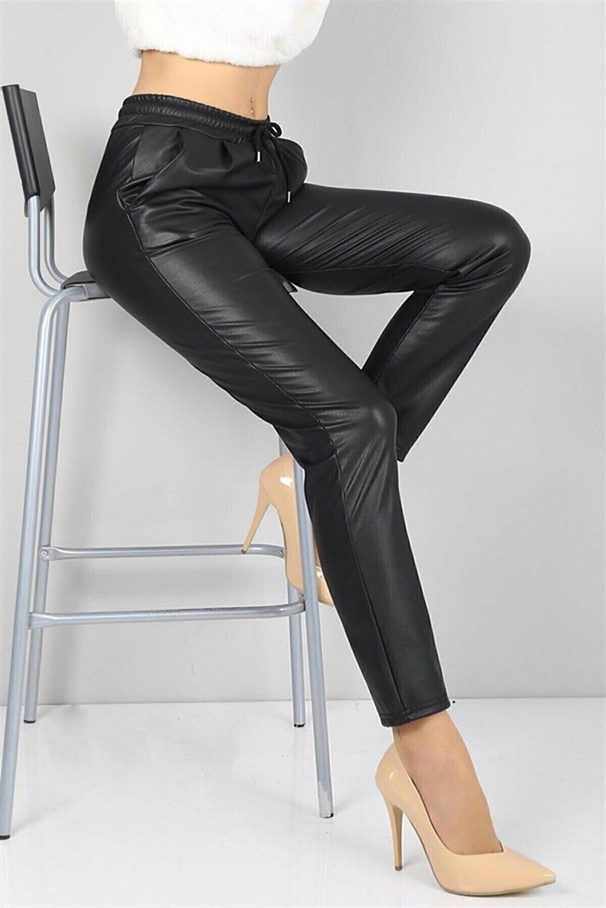 Siyah İçi Polarlı Beli Lastikli Dar Paça Yüksek Bel Deri Pantolon - Mdz  Collection