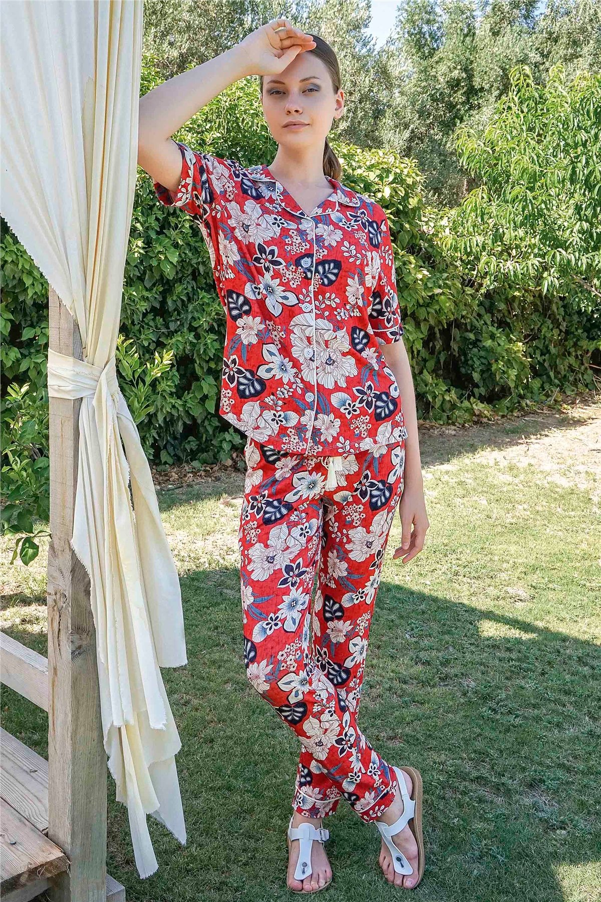 Kadın Bordo Çiçekli Pijama Takımı 10036 | Jiber İç Giyim
