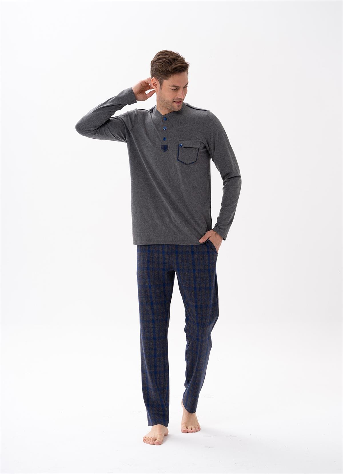 Erkek Antrasit Düğmeli Pijama Takımı 15146 | Jiber İç Giyim