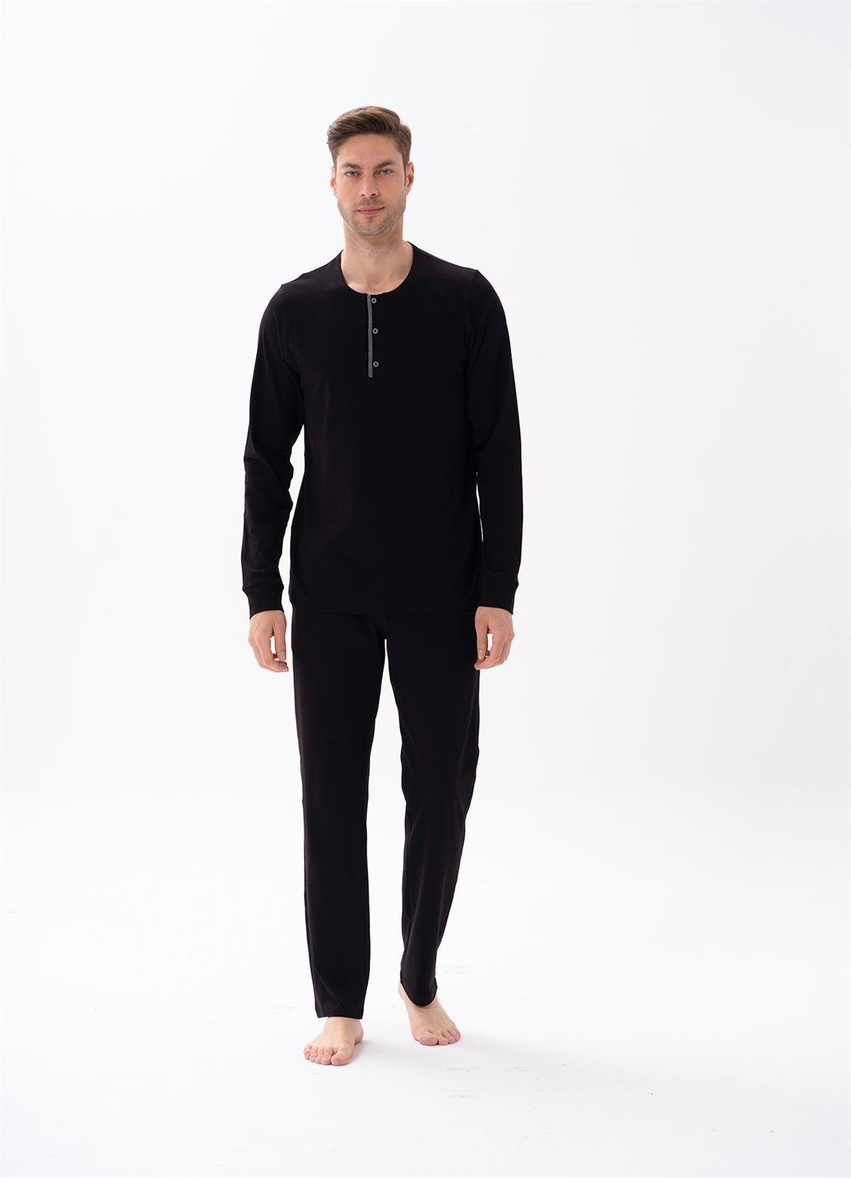 Erkek Düğmeli Siyah Pijama Takımı 15155 | Jiber İç Giyim