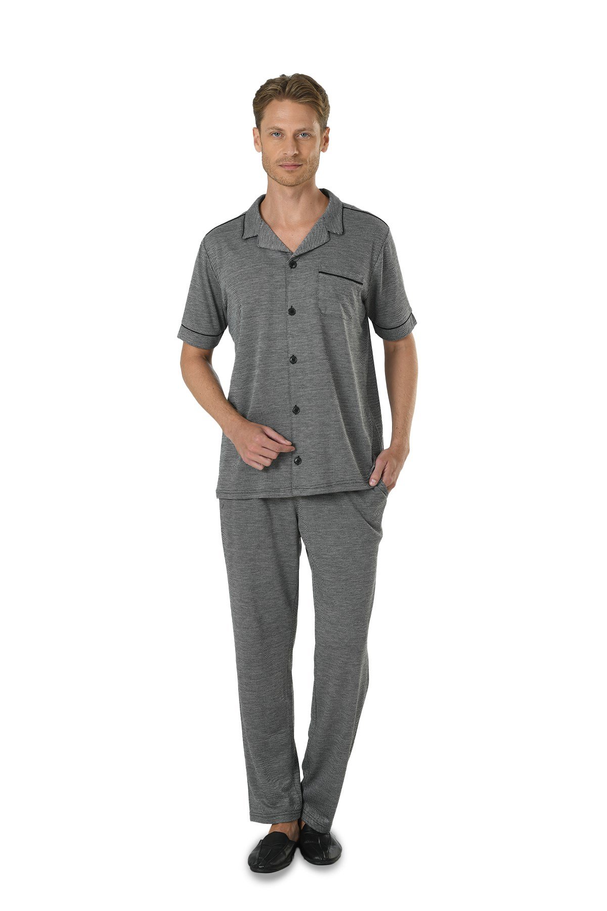 Erkek Füme Yarım Kol Ceket Yaka Jakarlı Pijama Takımı 15104 | Jiber İç Giyim