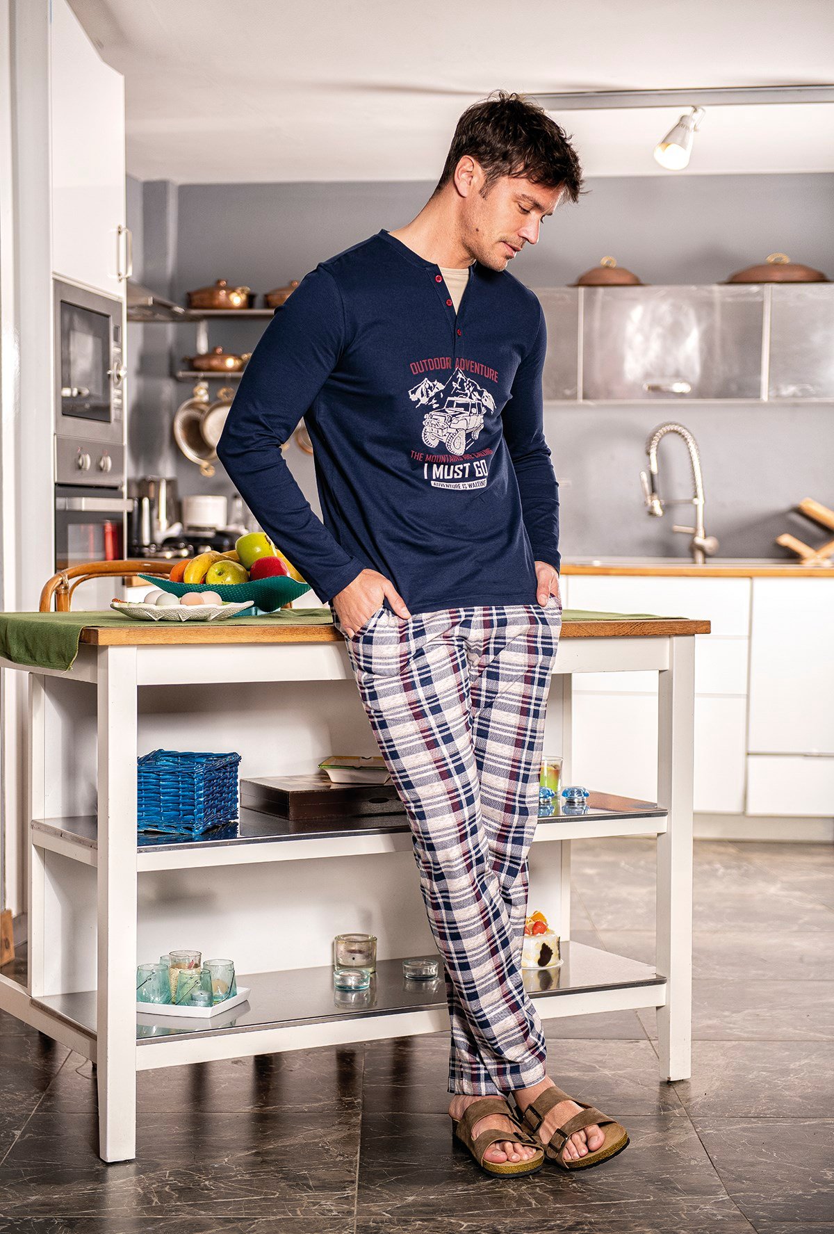 Erkek Lacivert Düğmeli Ekose Pijama Takımı 15067 | Jiber İç Giyim