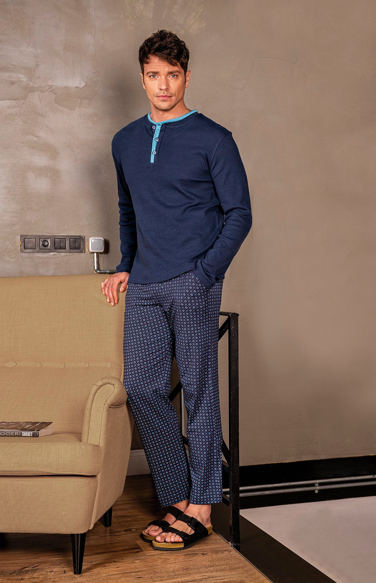Erkek Lacivert Düğmeli Pijama Takımı 15063 | Jiber İç Giyim
