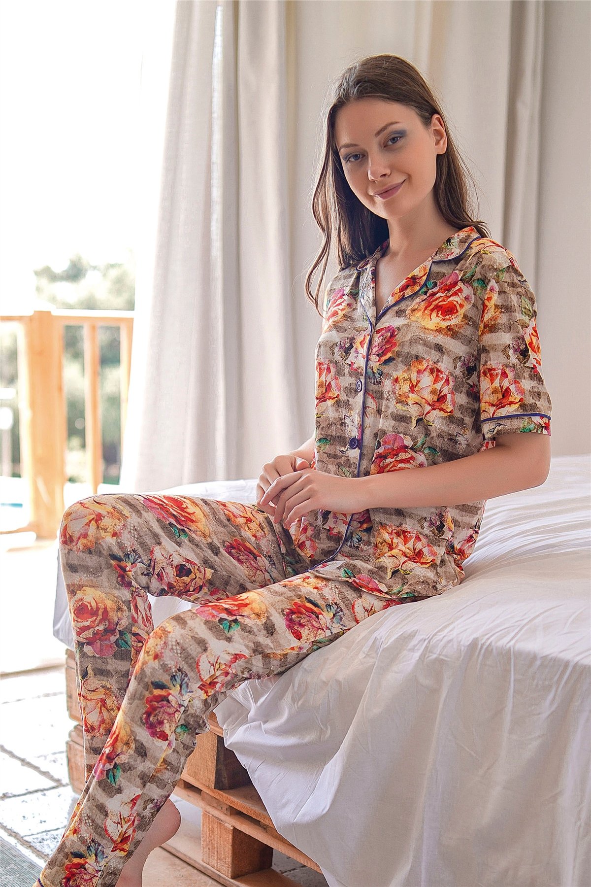 Kadın Gri Çiçekli Pijama Takımı 10034 | Jiber İç Giyim