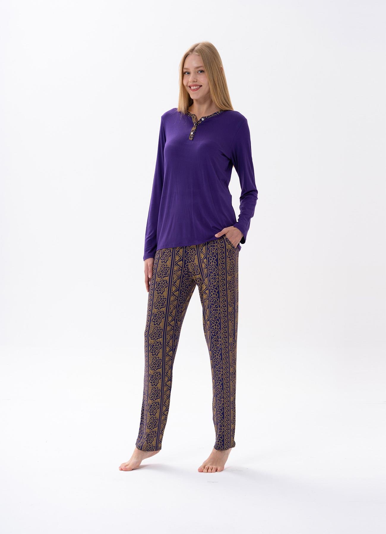 Kadın Mor Önden Düğmeli Pijama Takımı 10166 | Jiber İç Giyim