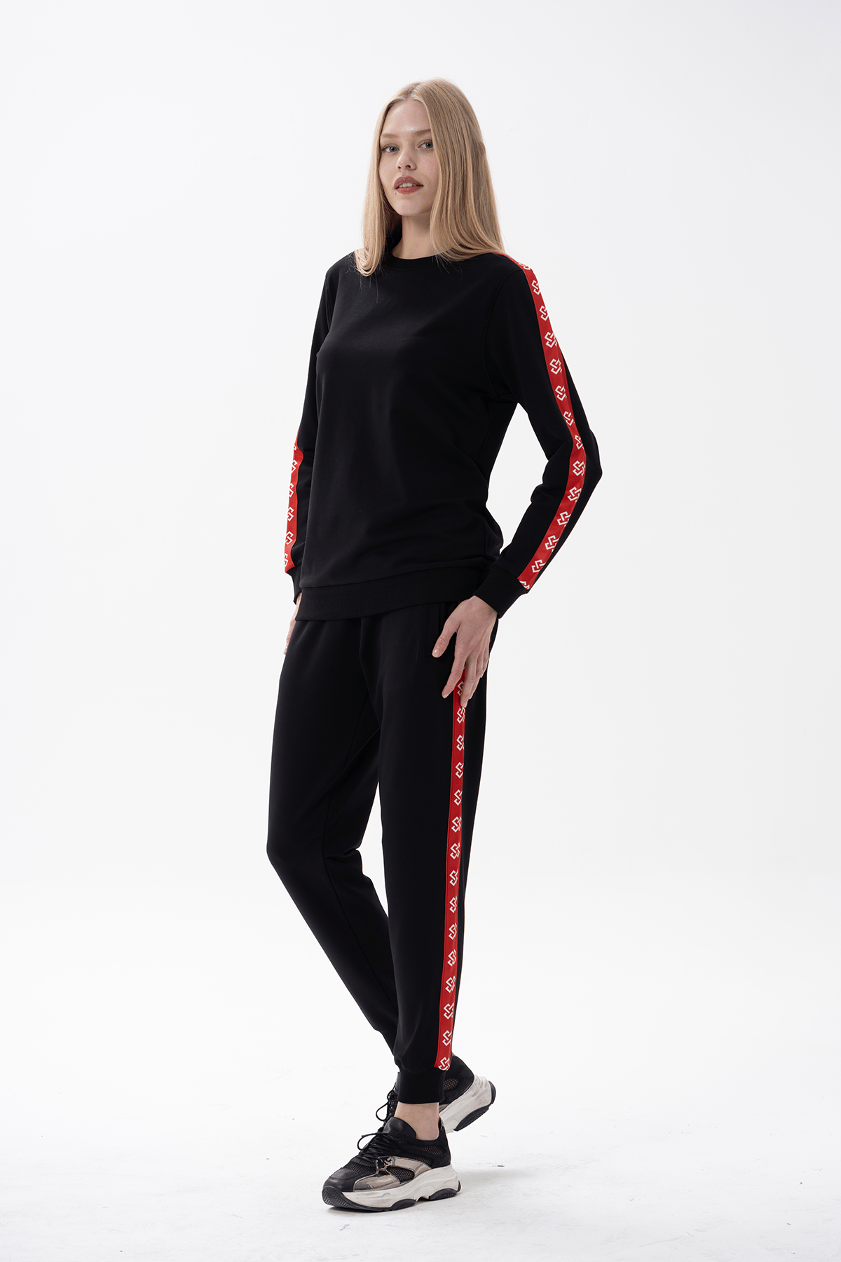 Kadın Kırmızı Şeritli Siyah Eşofman Takımı 10175 | Jiber İç Giyim