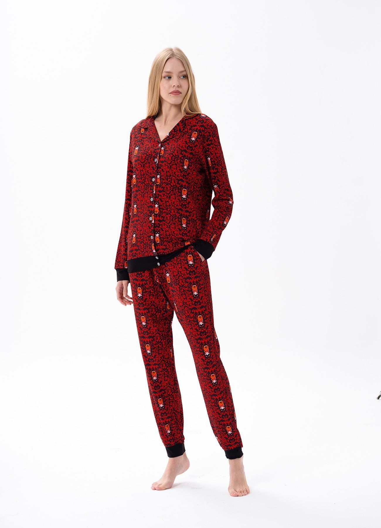 Kadın Kırmızı Önden Düğmeli Pijama Takımı 10150 | Jiber İç Giyim