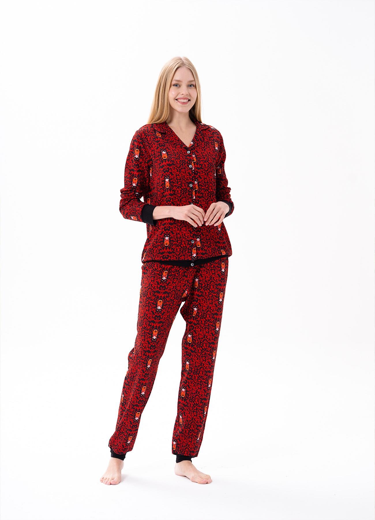Kadın Önden Düğmeli Pijama Takımı Kırmızı 10150