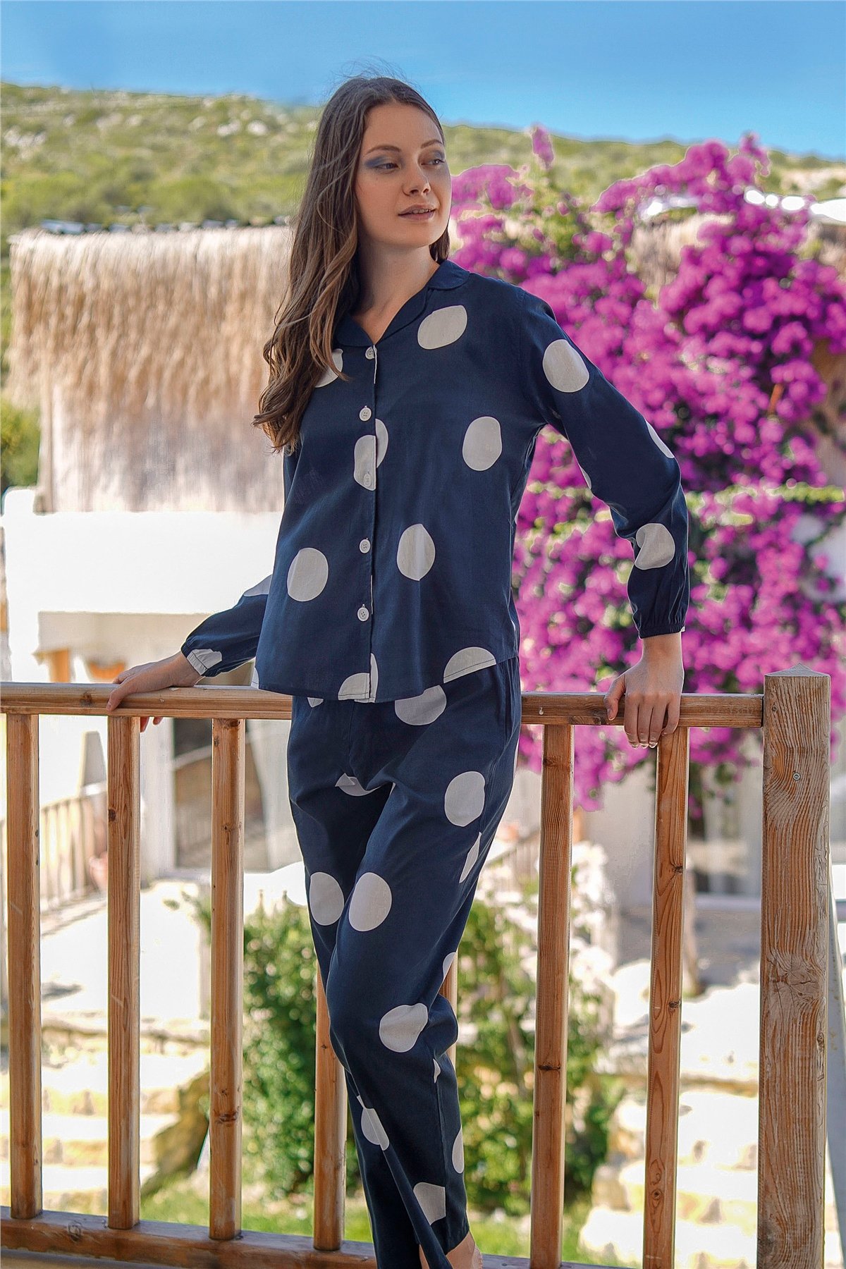 Kadın Lacivert Puantiyeli Düğmeli Pijama Takımı 10007 | Jiber İç Giyim