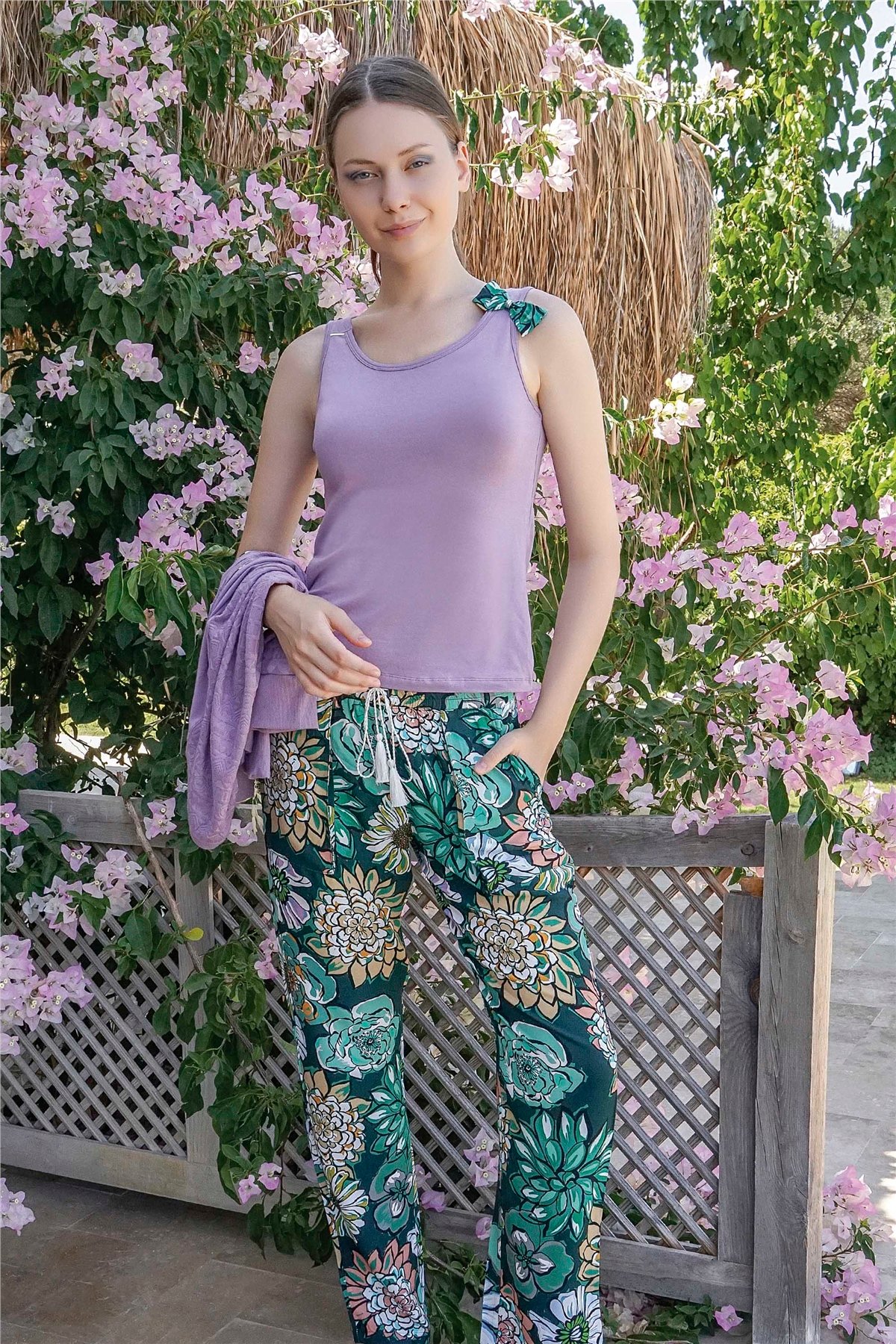 Kadın Lila Düğmeli 3'lü Pijama Takımı 10052 | Jiber İç Giyim