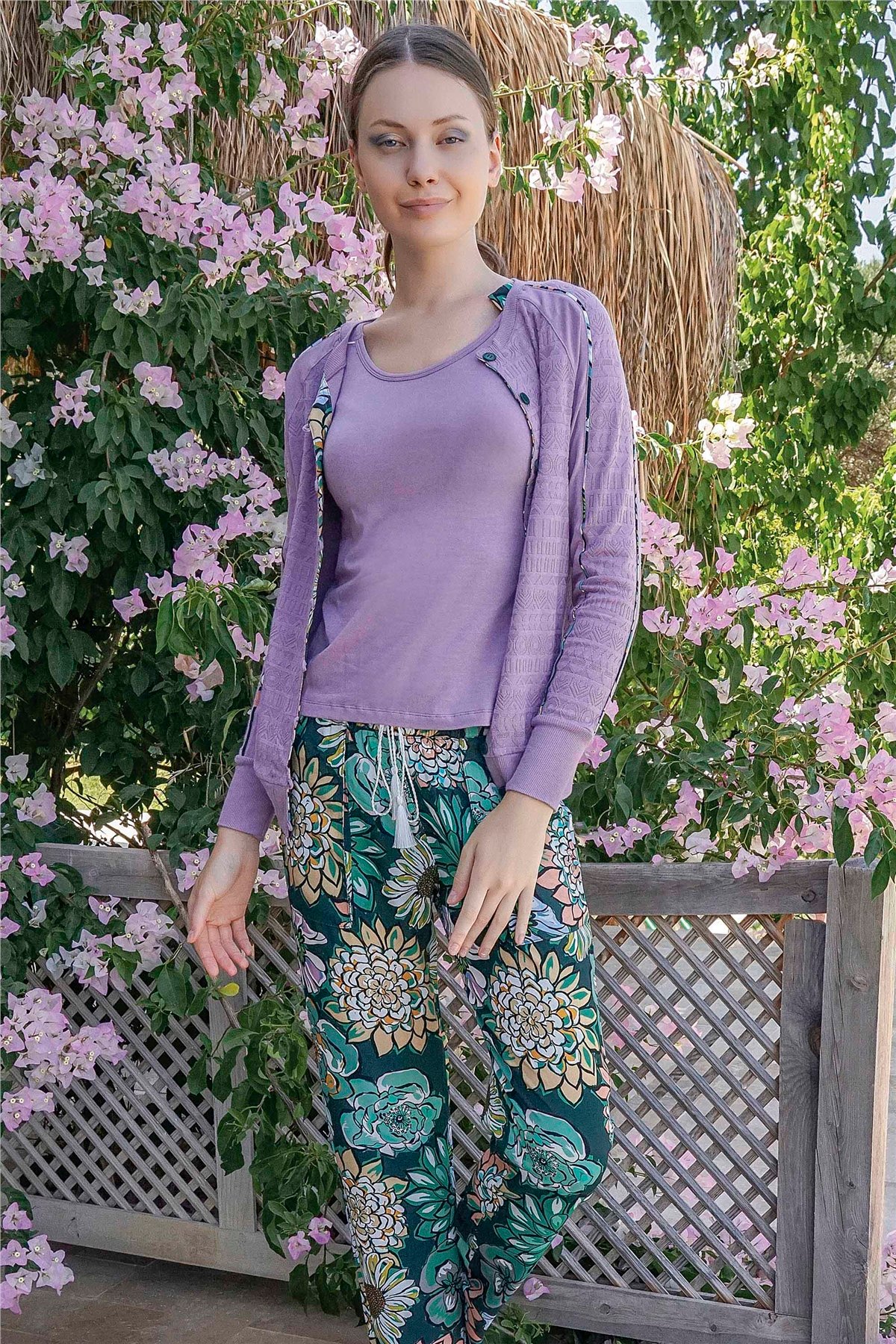 Kadın Lila Düğmeli 3'lü Pijama Takımı 10052 | Jiber İç Giyim