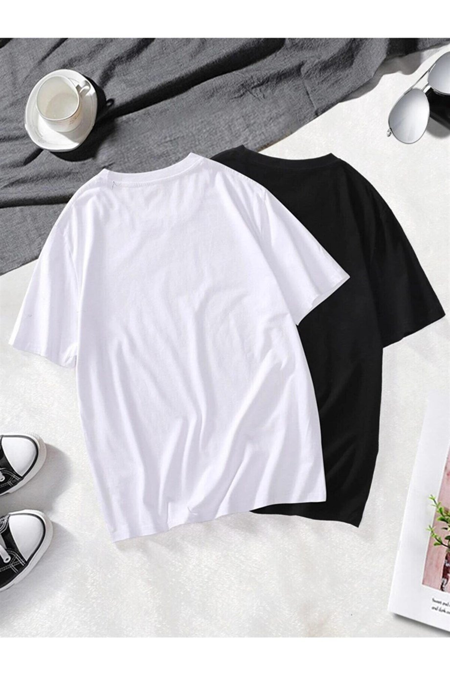 2 Li Paket Siyah Beyaz T-shirt Erkek Oversize Tişört