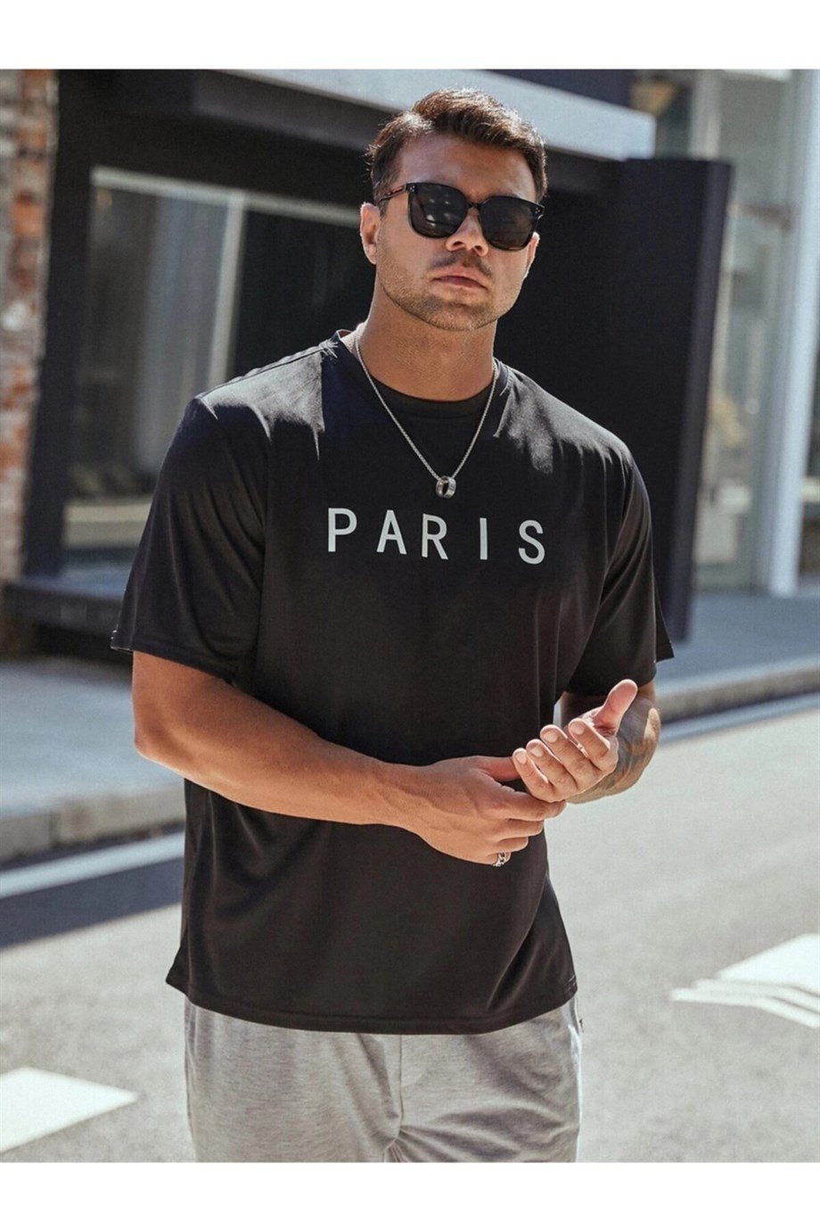Erkek Siyah T-shirt Paris Baskılı Oversize Tişört