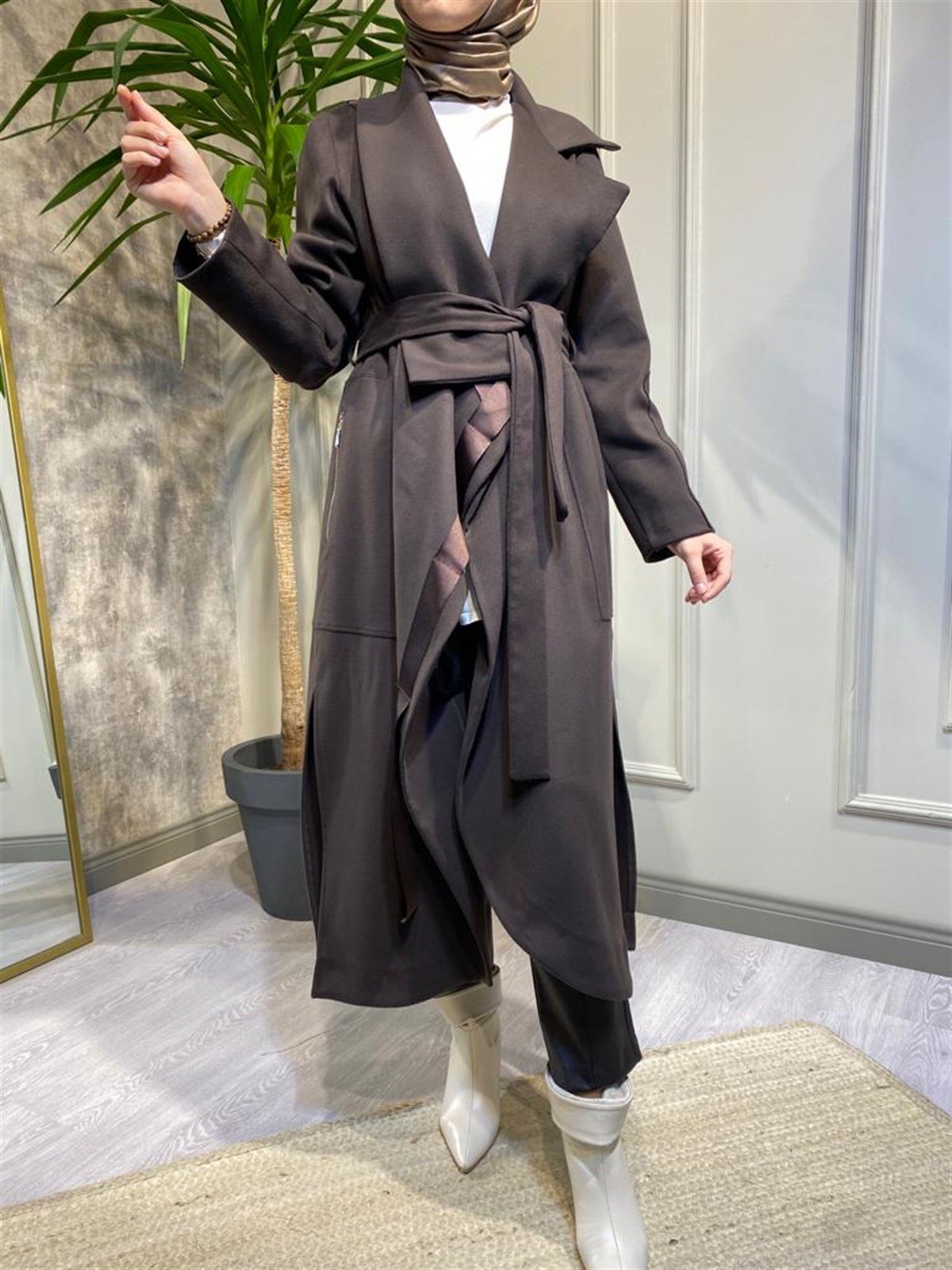 MissWhence Kaşmir Asimetrik Yaka Kaban Kahverengi 32508 - Babilbutik