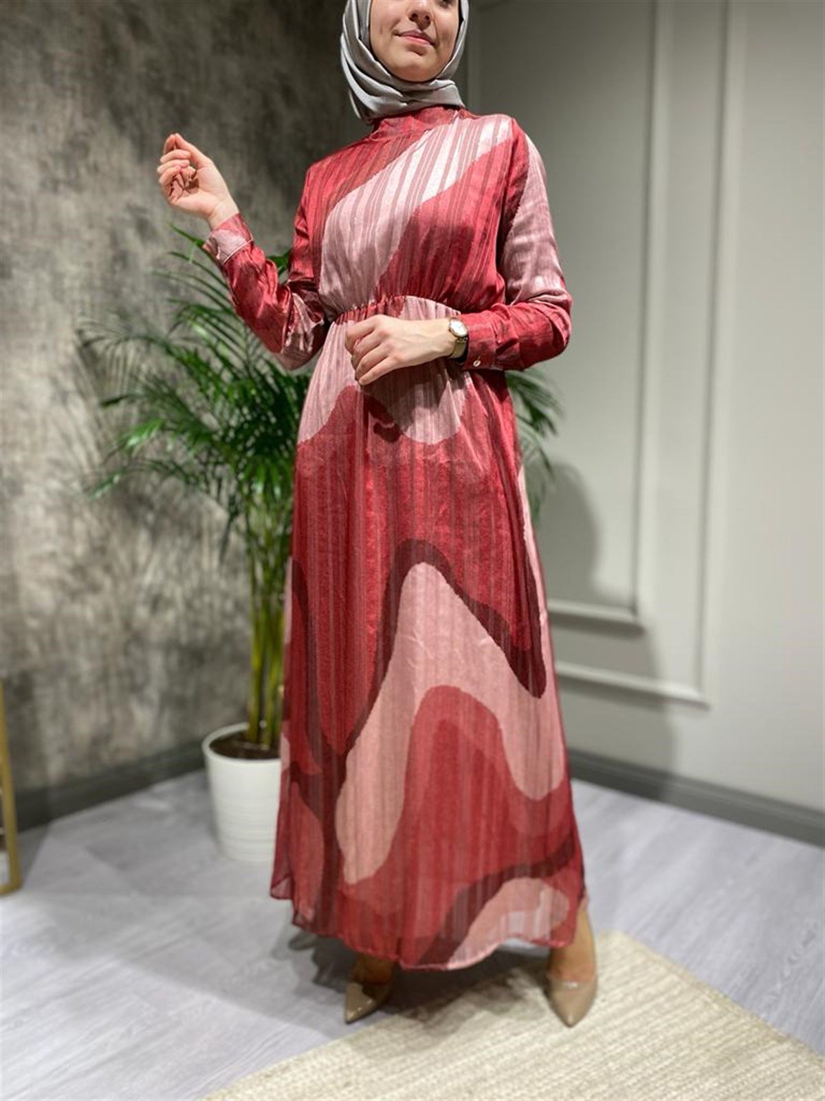 Mizalle Sim Baskılı Desenli Elbise Kırmızı - Babil Butik