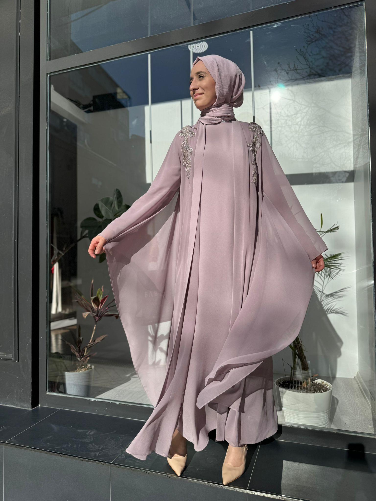 Nurcan Çetin İşlemeli Abaya Lila 7627 - Babilbutik