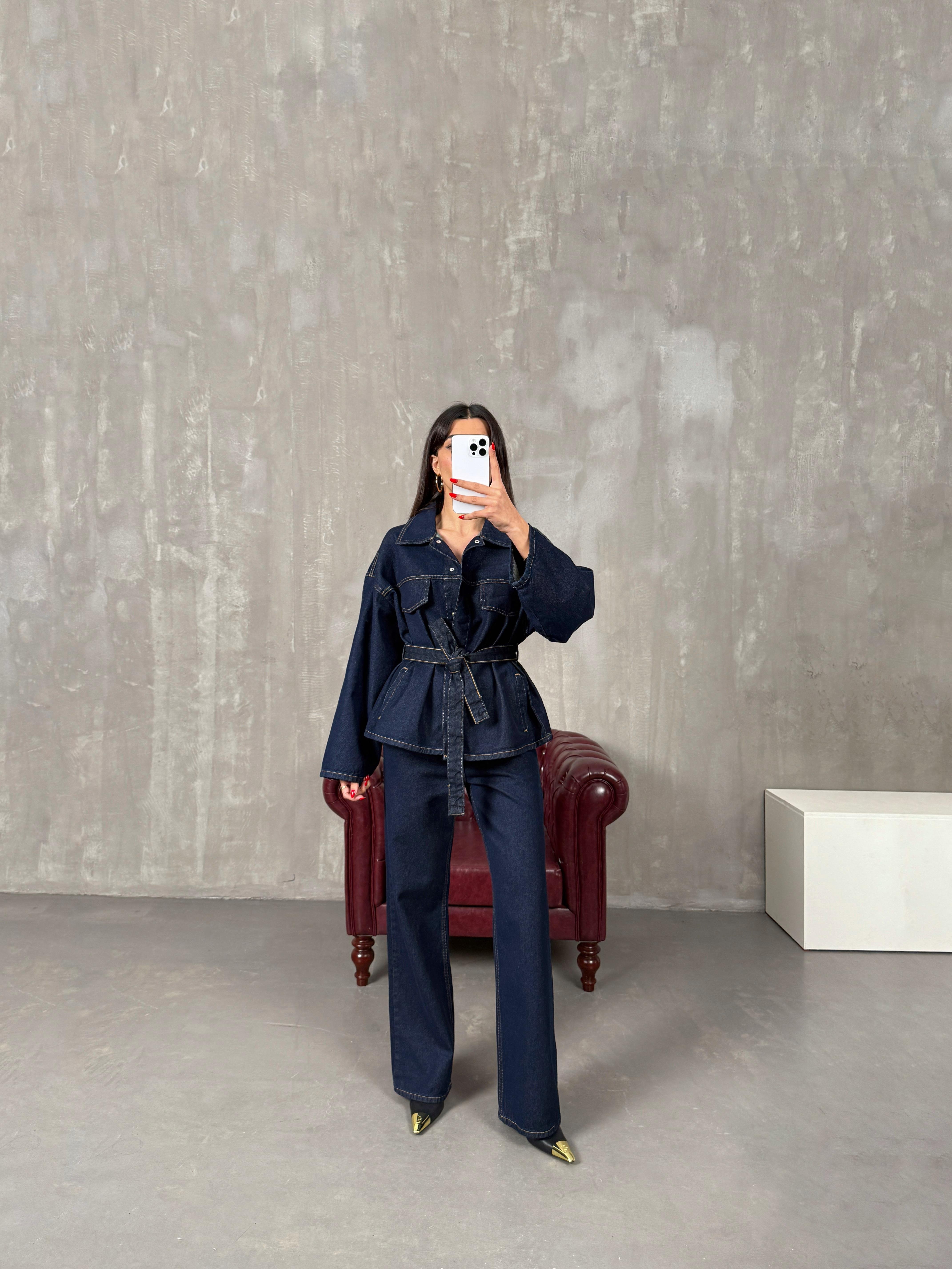 Vanola Lacivert Belden Kuşaklı Tasarım Premium Denim Takım