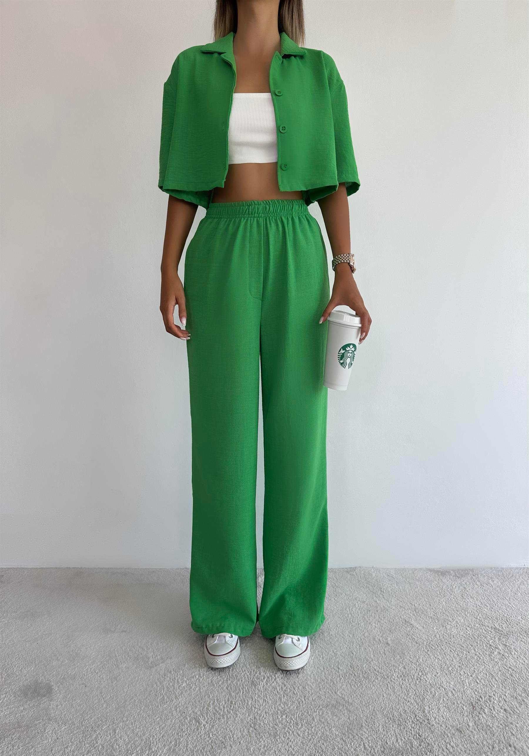 Uzun Keten Pantolon Takım Yeşil