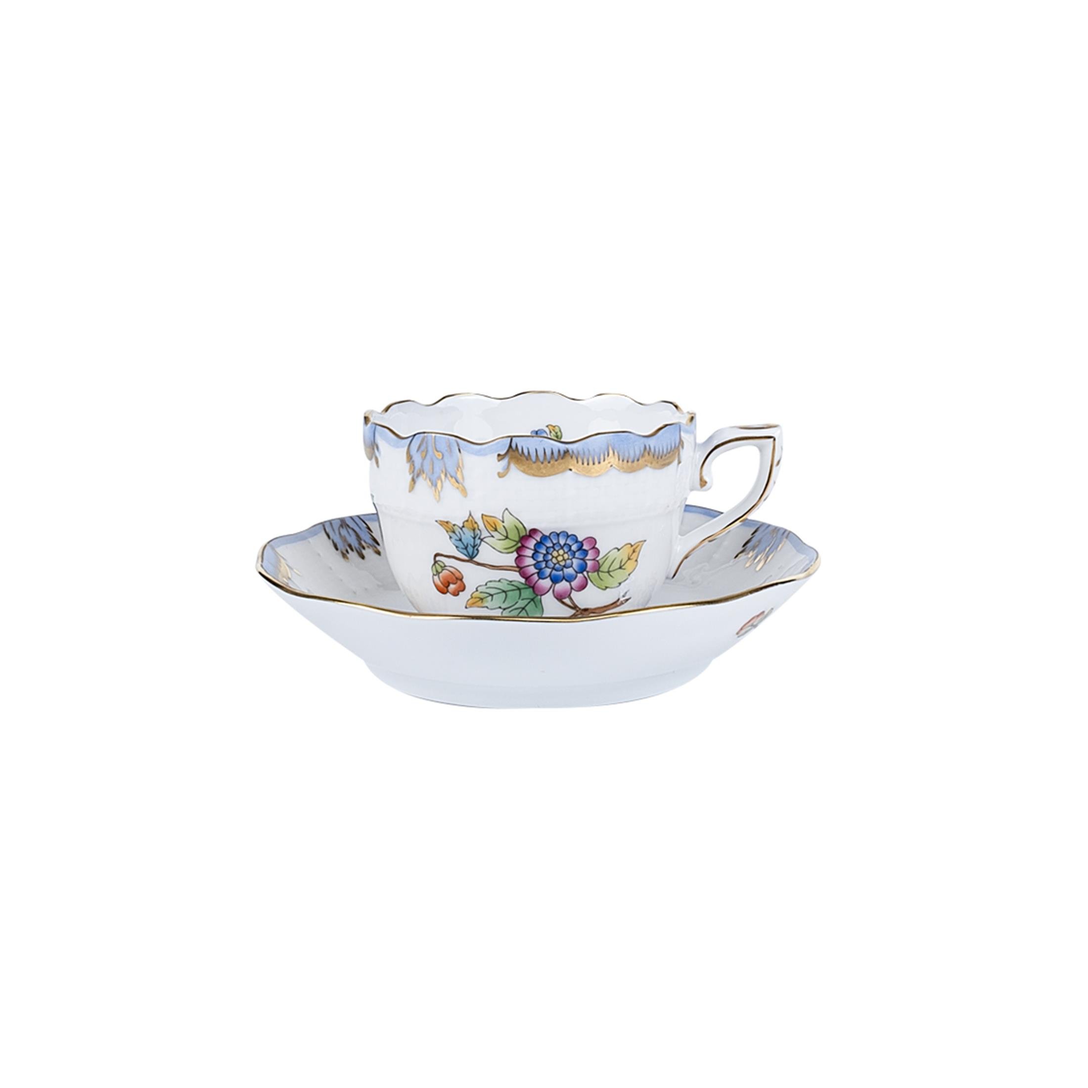 HEREND Kahve Fincanı & Tabağı 110ml Queen Victoria Renkli Açık Mavi Kenar