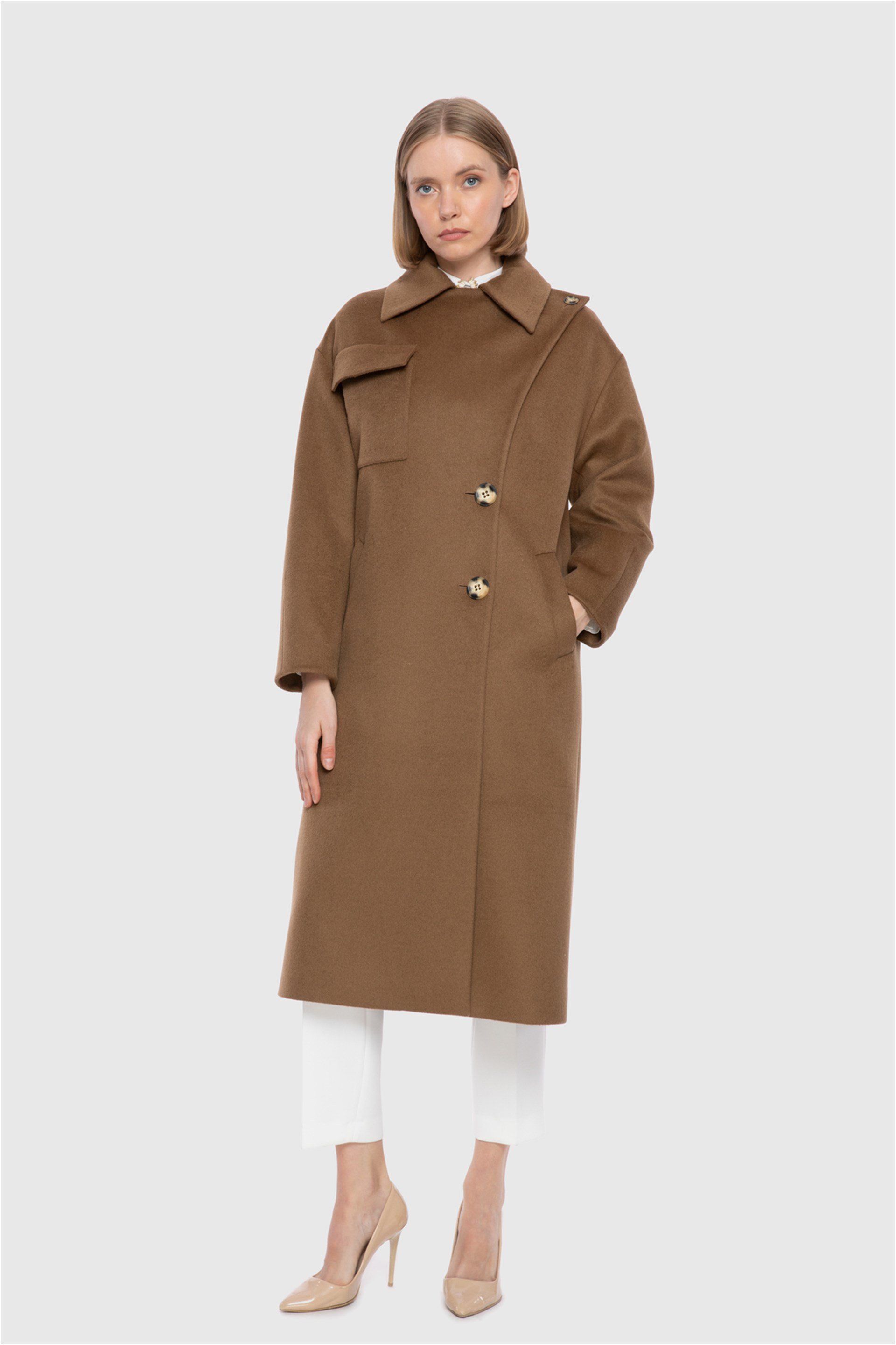 Asymmetrical collar deals coat