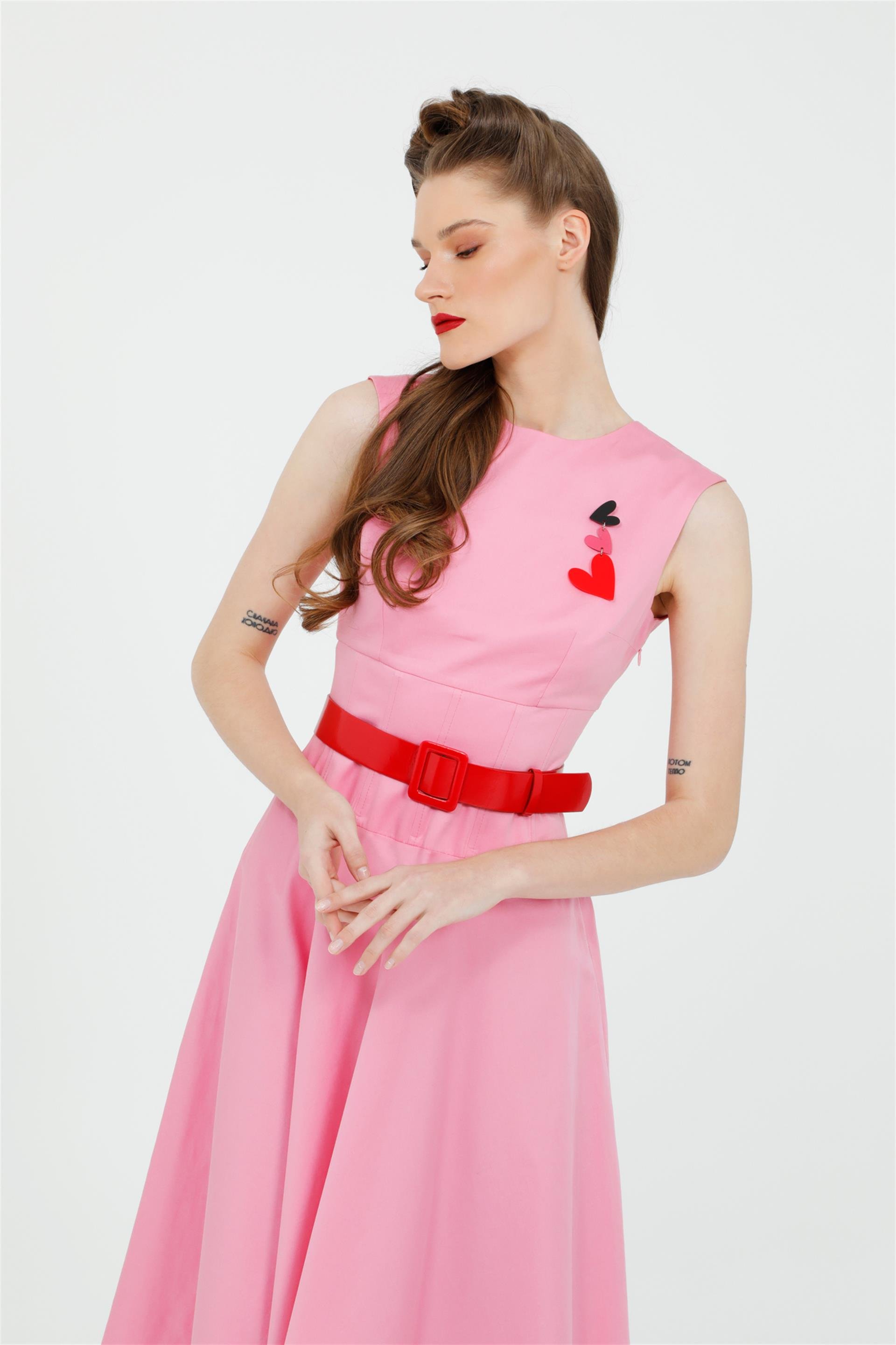 Pink Midi-Length Dress with Heart Brooch Detail and Belt with Low Back