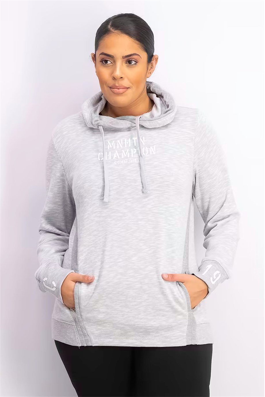 Champion Kapu onlu Sweatshirt Drawstrings Graphic Gri