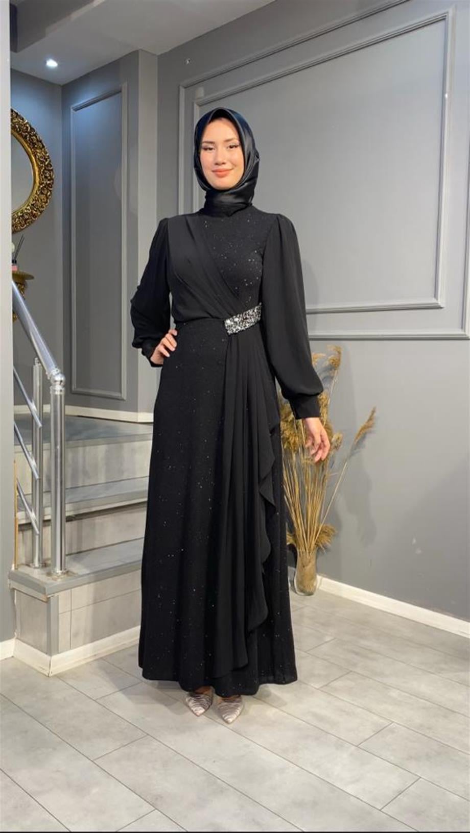 NEVON 4438 ŞİFON VE TAŞ İŞLEME DETAYLI SİMLİ ABİYE