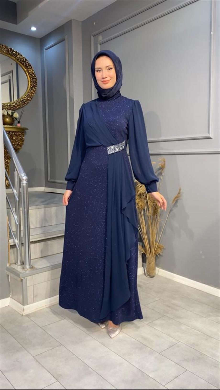 NEVON 4438 ŞİFON VE TAŞ İŞLEME DETAYLI SİMLİ ABİYE
