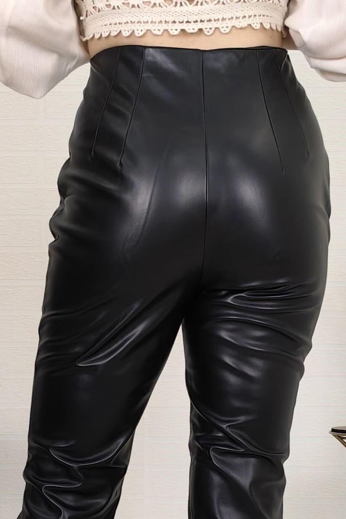 Kadın Yüksek Bel Fermuar Kapamalı Şardonlu Zara Deri Pantolon Siyah