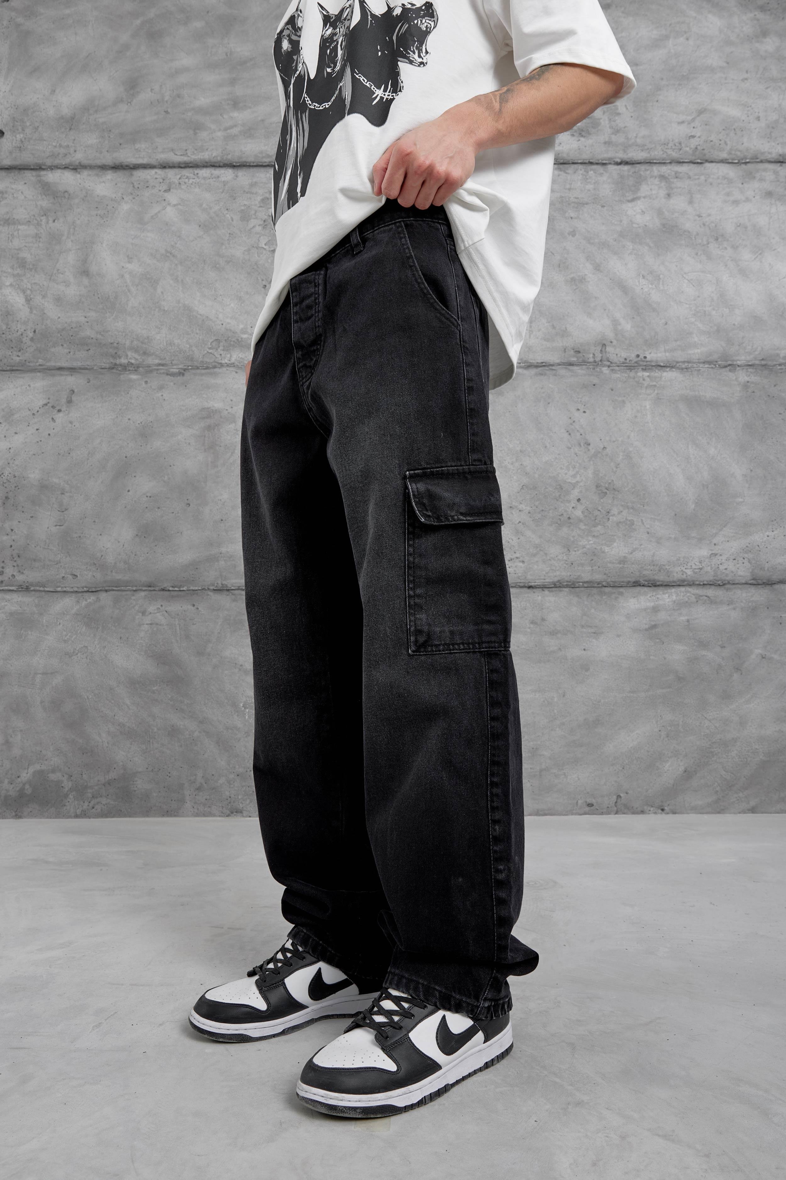 Siyah Kp-701 Taşlamalı Kargo Cepli Baggy Jean