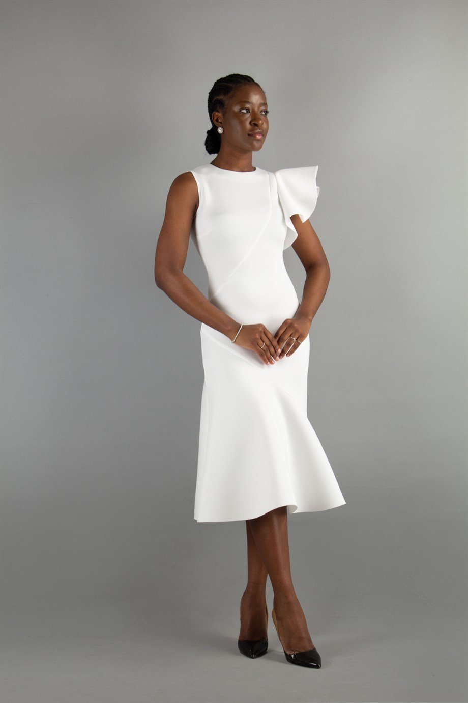 Asymmetric Cut Frill Shoulder Scuba Dress White