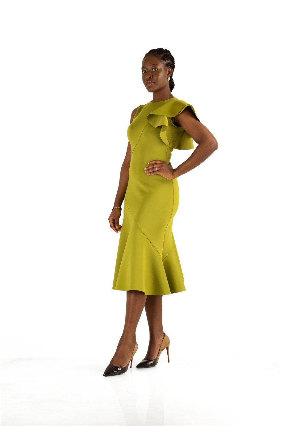Asymmetric Cut Frill Shoulder Scuba Dress Khaki