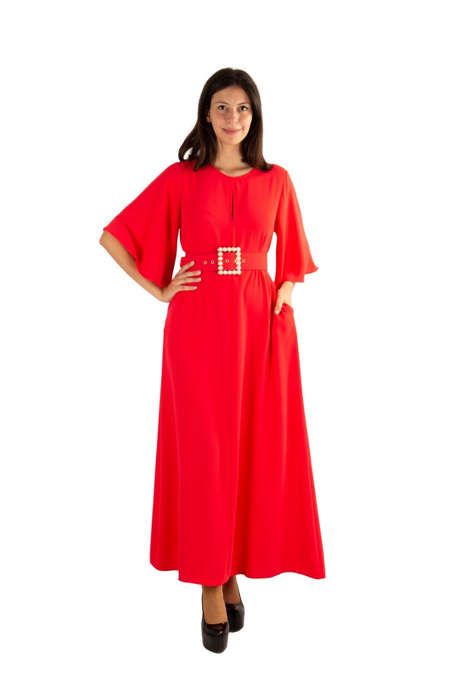 Bell Sleeve Long Big Size Dress With Pearl Belt - Red - Wholesale Womens  Clothing Vendors For Boutiques